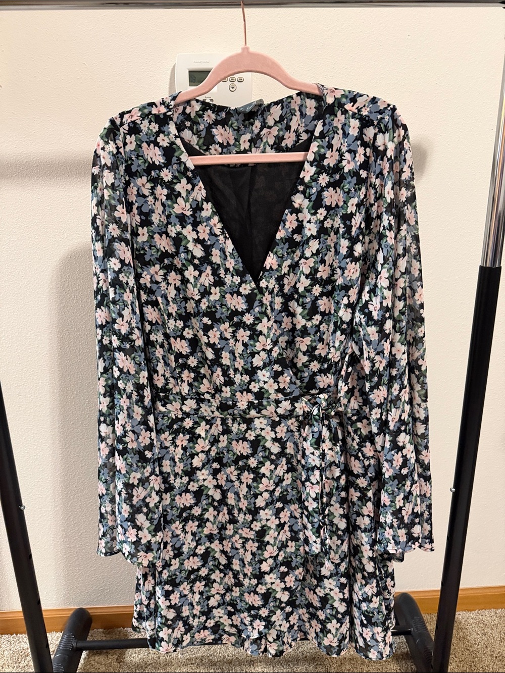 Black Floral Wrap Dress/Romper with Pink & Blue Accents